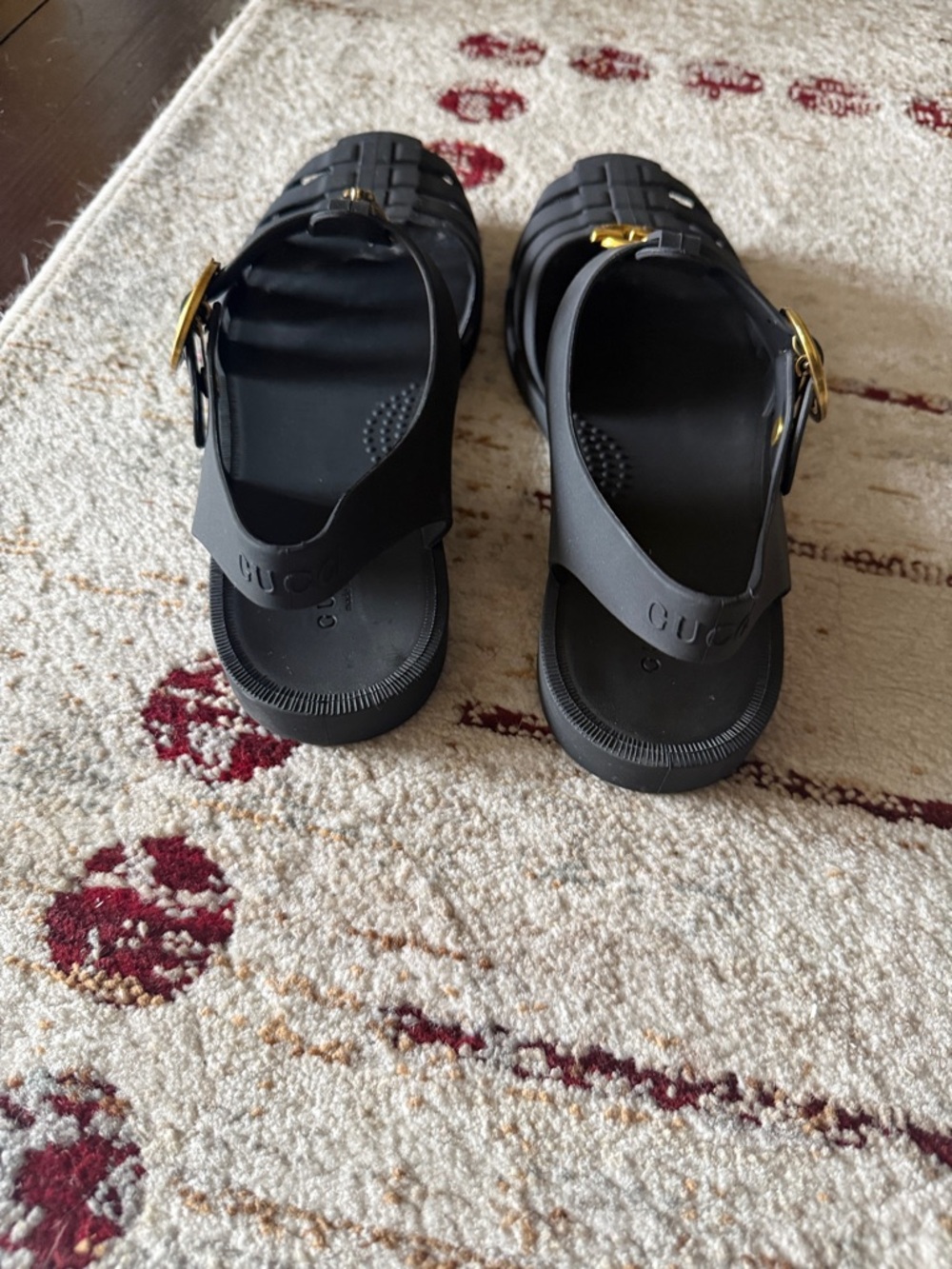 Gucci Black Jelly Fisherman Sandals with Gold GG and Buckle - Picture 4 of 5